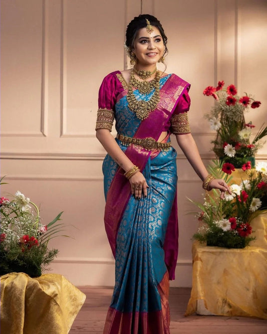 Gomati - Firozi Soft Banarasi Silk Saree with Jacquard Weaving Border
