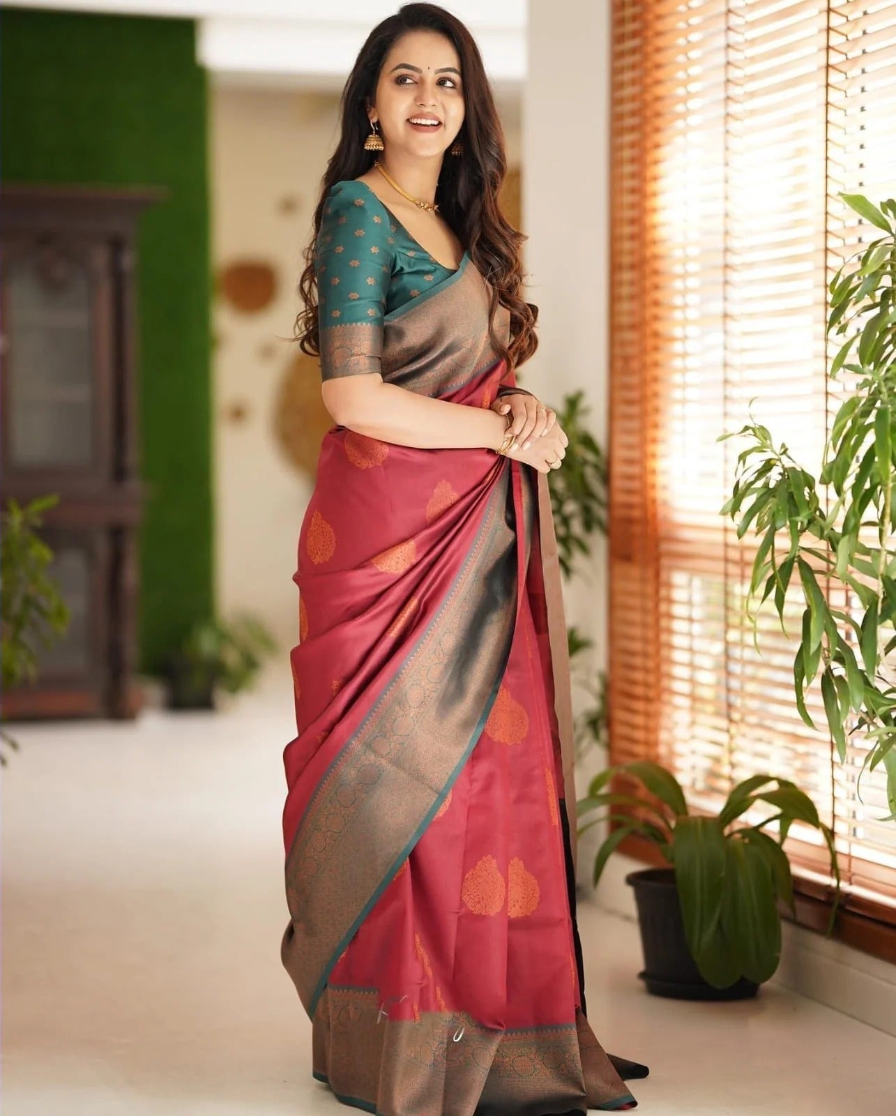 Kavya - Maroon Soft Banarasi Silk Saree with Copper Jacquard Buttas