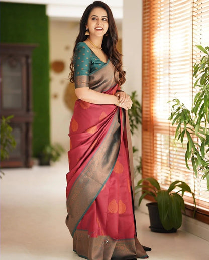 Kavya - Maroon Soft Banarasi Silk Saree with Copper Jacquard Buttas