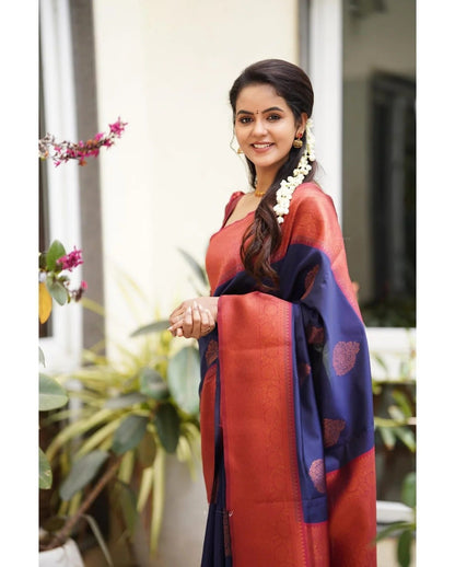 Kavya - NavyBlue Soft Banarasi Silk Saree with Copper Jacquard Buttas