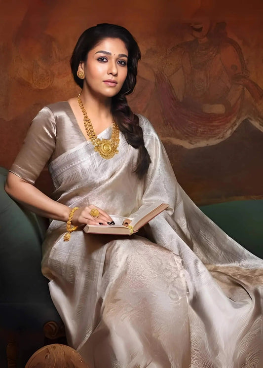 Janaki – Silver Tissue Silk Saree with Jacquard Weaving Elegance