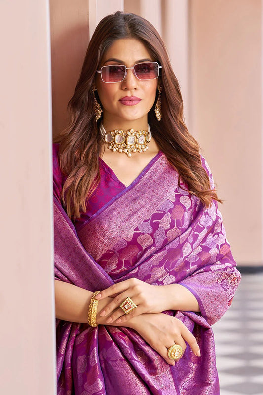 Janvhi - Purple Kanjivaram Silk Saree with Zari Weaving