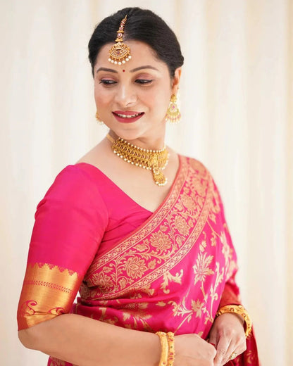 Rukmini – Dark Pink Soft Banarasi Silk Saree with Jacquard Weaving