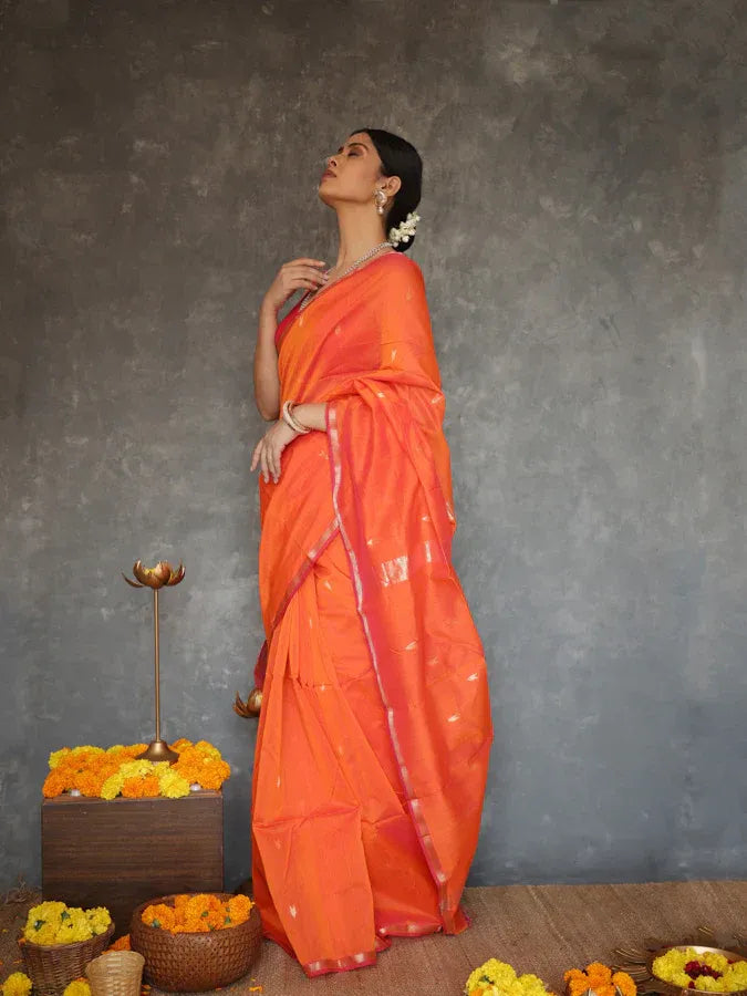 Mithali – Orange Pure Linen Silk Saree with jacquard weaving work