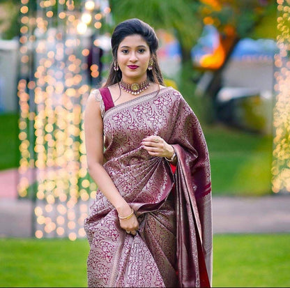 Aashvi - Wine Banarasi Silk Saree with Jacquard Weaving Work