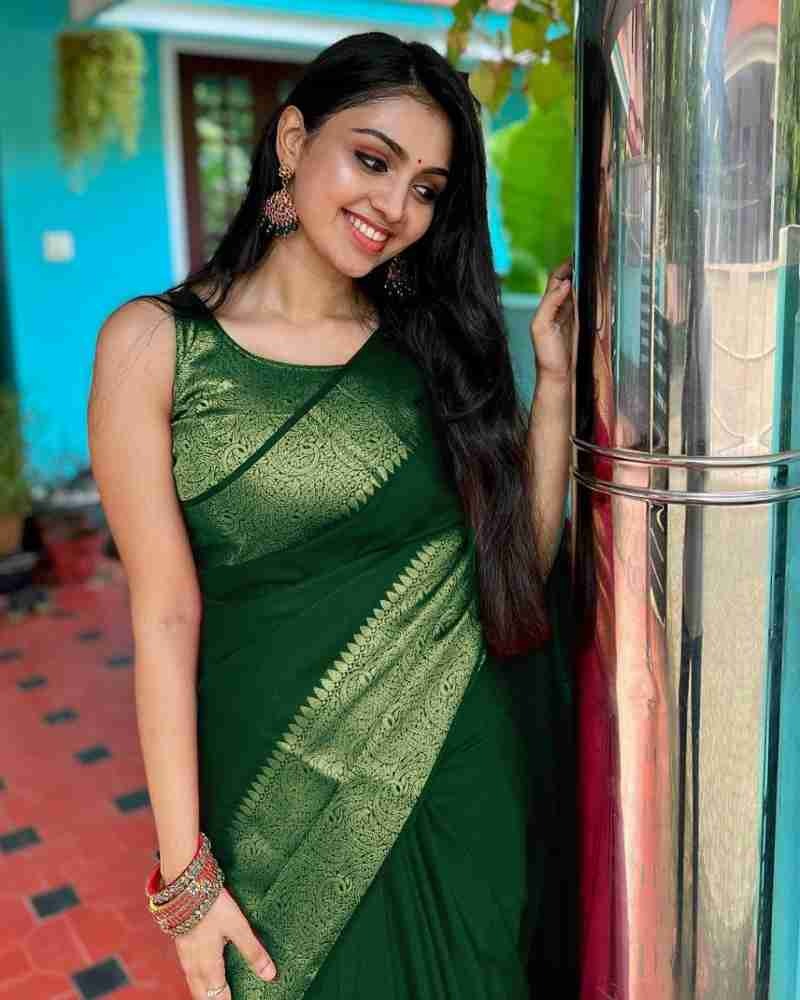 Nayira - Green Soft Silk Saree with Silver Zari Border and Matching Blouse