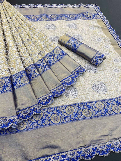 Vasundi - Beige Kanjivaram Silk Saree with Royal Blue Zari Border
