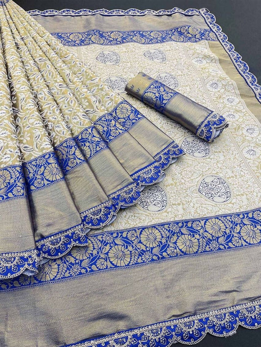 Vasundi - Beige Kanjivaram Silk Saree with Royal Blue Zari Border