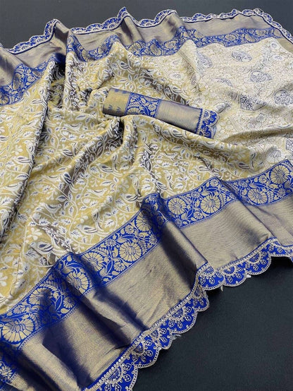 Vasundi - Beige Kanjivaram Silk Saree with Royal Blue Zari Border