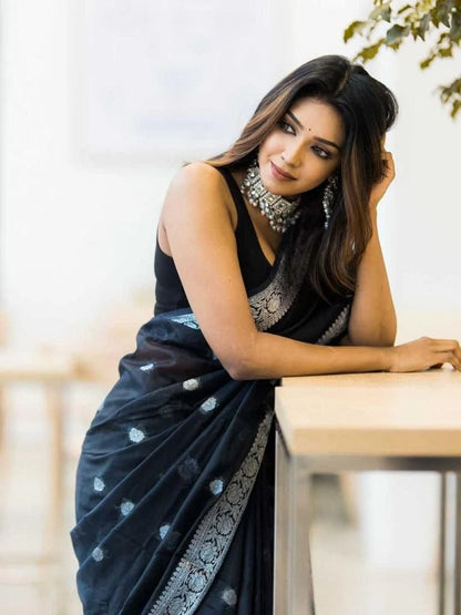 Samaira - Black Soft Silk Saree with Subtle Jacquard and Matching Blouse