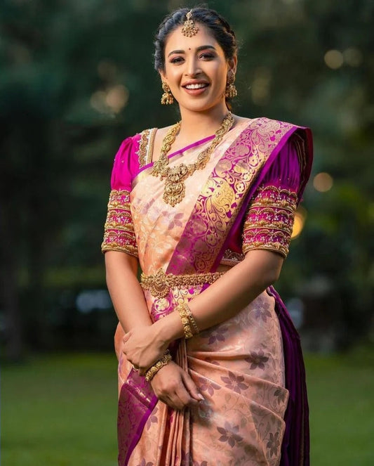Maithili - Peach Soft Banarasi Silk Saree with Rich Jacquard Weave