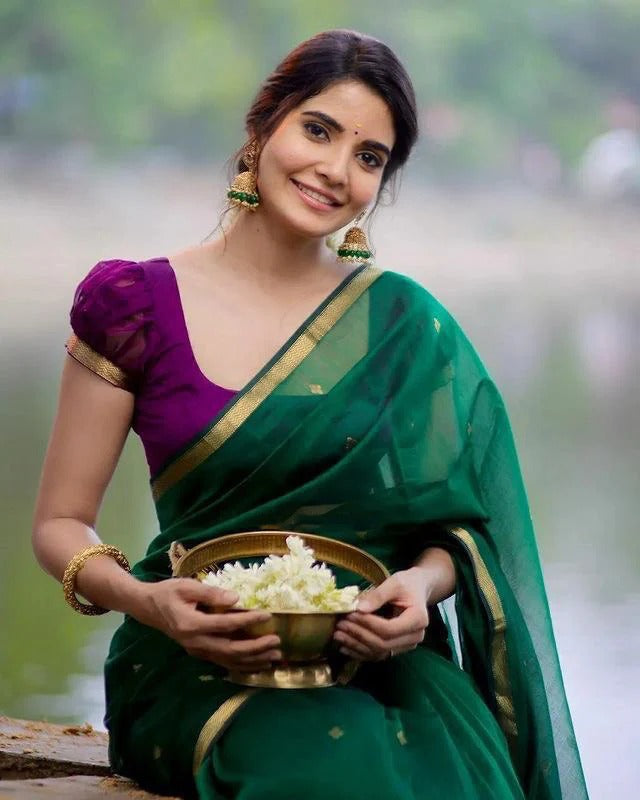 Revathi - Green Pure Linen Silk Saree with Jacquard Weaving and Contrast Purple Blouse