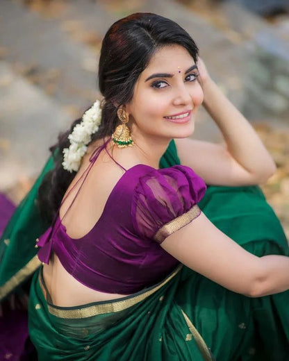 Revathi - Green Pure Linen Silk Saree with Jacquard Weaving and Contrast Purple Blouse