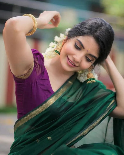 Revathi - Green Pure Linen Silk Saree with Jacquard Weaving and Contrast Purple Blouse