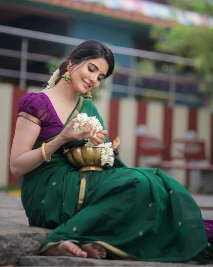 Revathi - Green Pure Linen Silk Saree with Jacquard Weaving and Contrast Purple Blouse
