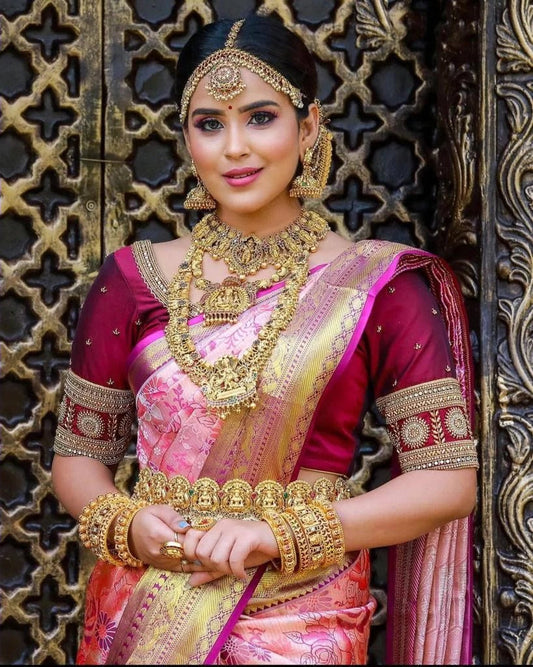 Ishvika - Pink Banarasi Silk Saree with Antique Gold Border and Dark Pink Blouse