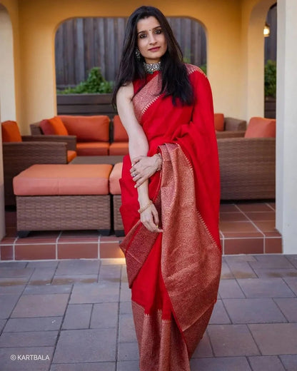 Nayira - Red Soft Silk Saree with Silver Zari Border and Matching Blouse