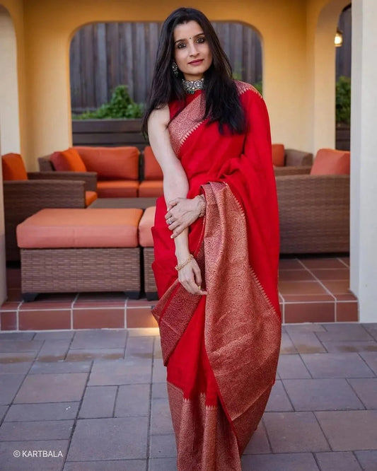 Nayira - Red Soft Silk Saree with Silver Zari Border and Matching Blouse
