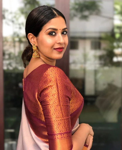 Bindu Cream Maroon Soft SIlk Saree With Attractive Blouse Piece