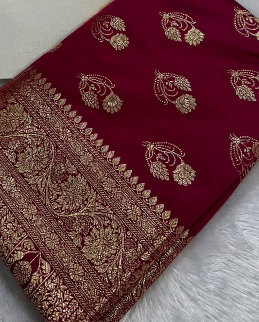 Shyamali - Deep Wine Katan Silk Saree with Zari Paisley Boota and Floral Border