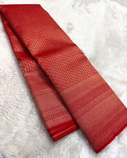 Aruna – Bridal Red Banarasi Soft Silk Saree with Allover Zari Weave & Grand Border