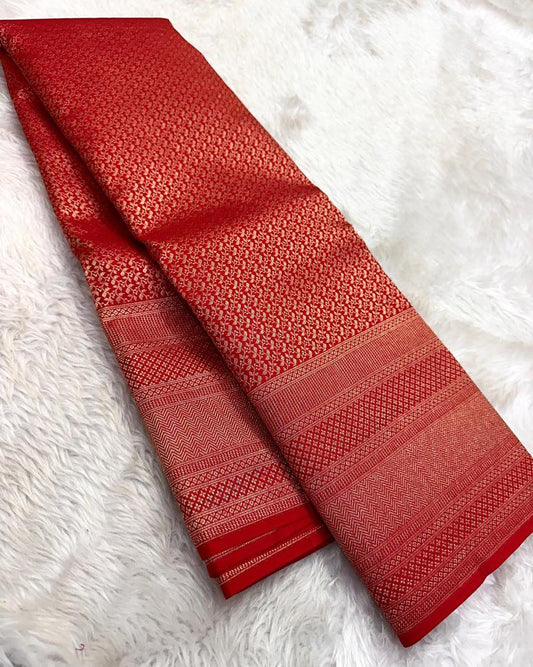 Aruna – Bridal Red Banarasi Soft Silk Saree with Allover Zari Weave & Grand Border