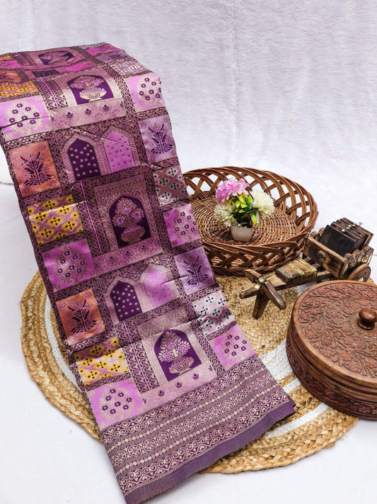 Sabita – Lavender Purple Banarasi Soft Silk Saree with Floral Zari Patchwork Design