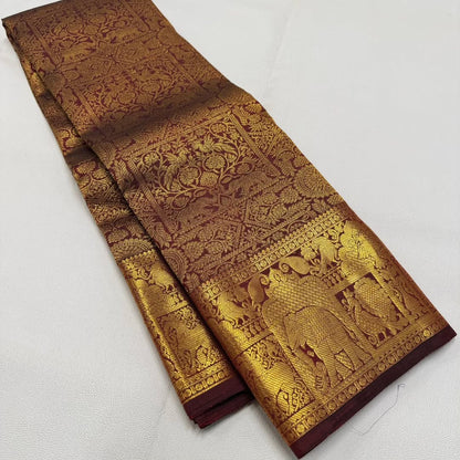 Pallavi – Maroon Gold Banarasi Soft Silk Saree with Royal Elephant Zari Weaving