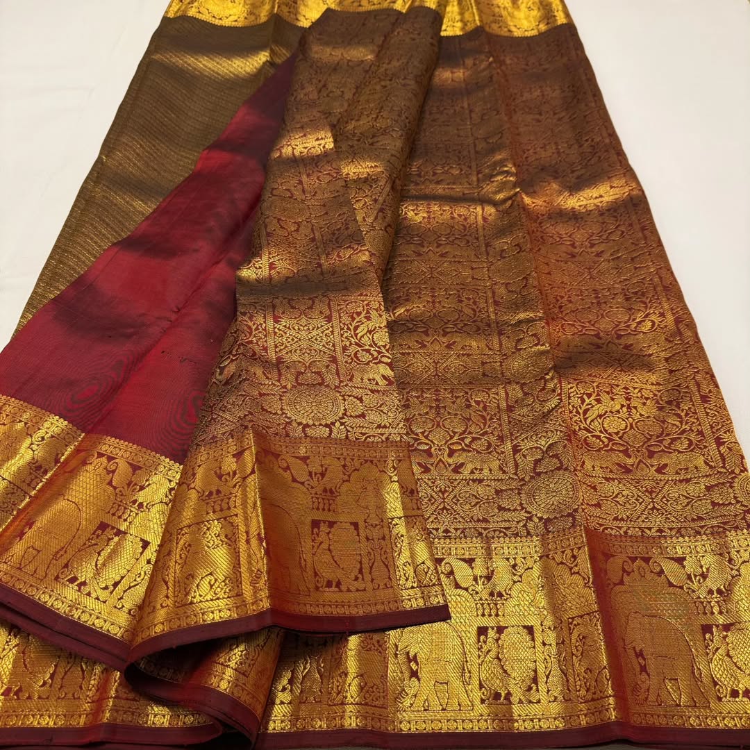 Pallavi – Maroon Gold Banarasi Soft Silk Saree with Royal Elephant Zari Weaving
