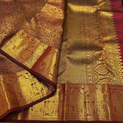 Pallavi – Maroon Gold Banarasi Soft Silk Saree with Royal Elephant Zari Weaving