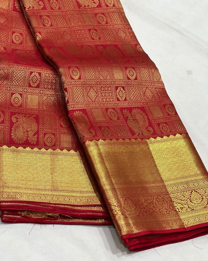 Uma – Vermilion Red Banarasi Soft Silk Saree with Peacock Zari Checks & Grand Floral Pallu