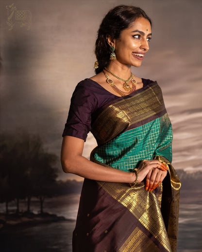 Pushpa – Emerald Green Banarasi Soft Silk Saree with Gold Checks & Contrast Zari Border