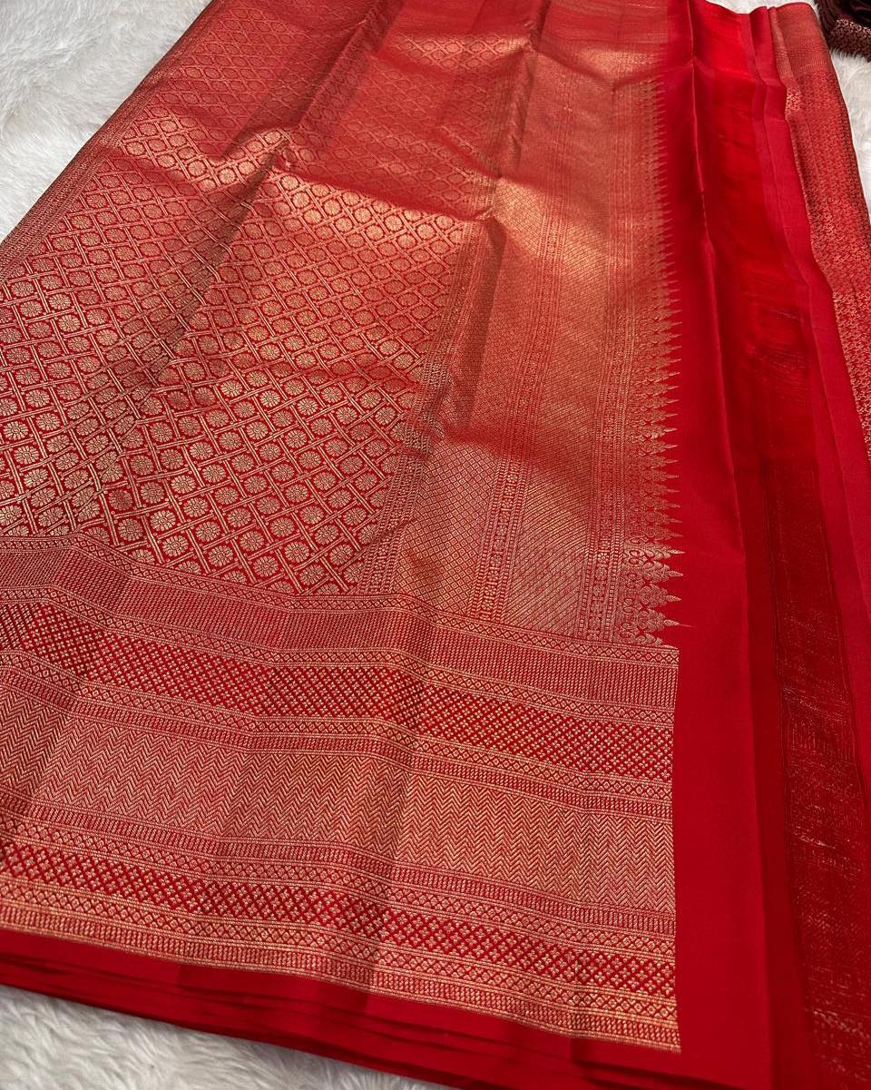 Aruna – Bridal Red Banarasi Soft Silk Saree with Allover Zari Weave & Grand Border