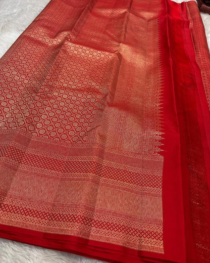 Aruna – Bridal Red Banarasi Soft Silk Saree with Allover Zari Weave & Grand Border