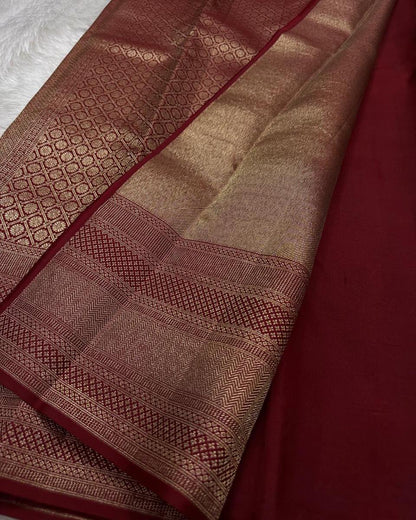 Meenal – Deep Maroon Banarasi Soft Silk Saree with Allover Zari Weave & Classic Border