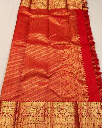 Bhairavi – Temple Red Banarasi Soft Silk Saree with Elephant Zari Border & Paisley Pallu