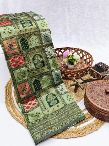 Sabita – Olive Green Banarasi Soft Silk Saree with Patchwork Zari Weave & Rich Pallu