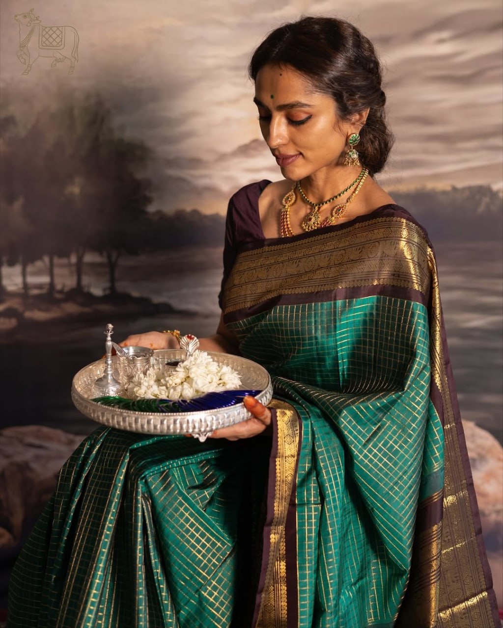 Pushpa – Emerald Green Banarasi Soft Silk Saree with Gold Checks & Contrast Zari Border