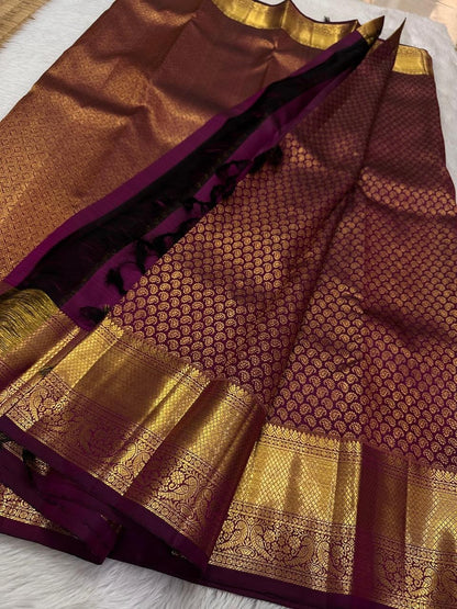 Kalpita – Wine Purple Banarasi Soft Silk Saree with Classic Zari Butti & Rich Border