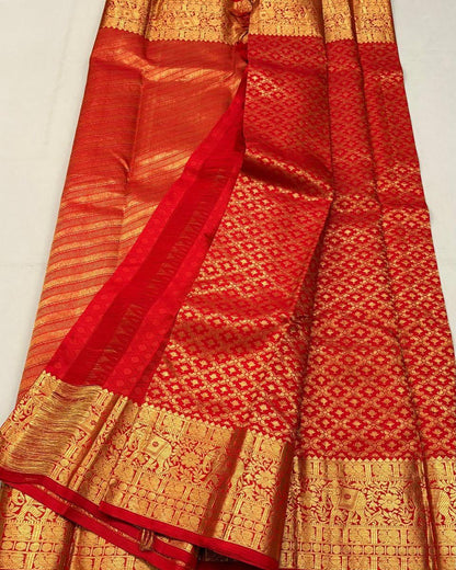 Bhairavi – Temple Red Banarasi Soft Silk Saree with Elephant Zari Border & Paisley Pallu