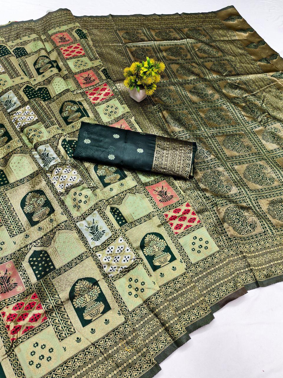 Sabita – Olive Green Banarasi Soft Silk Saree with Patchwork Zari Weave & Rich Pallu