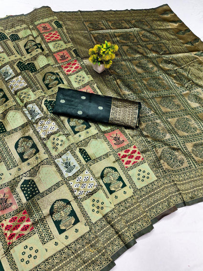 Sabita – Olive Green Banarasi Soft Silk Saree with Patchwork Zari Weave & Rich Pallu