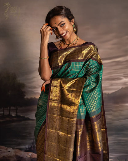 Pushpa – Emerald Green Banarasi Soft Silk Saree with Gold Checks & Contrast Zari Border
