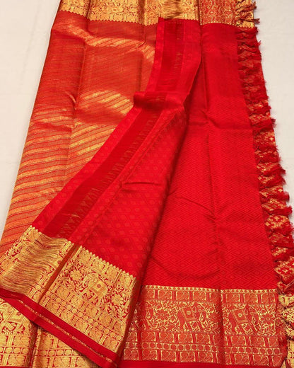 Bhairavi – Temple Red Banarasi Soft Silk Saree with Elephant Zari Border & Paisley Pallu
