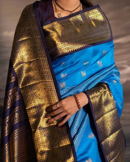 Lekha – Royal Blue Banarasi Soft Silk Saree with Silver Butti & Rich Zari Border