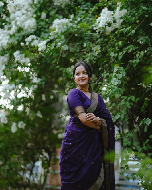 Revathi - Purple Banarasi Silk Saree with Golden Butti Weave and Zari Border