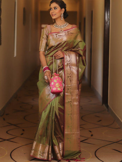 Vijayalakshmi - Green Kanjivaram Silk Saree with Gold Paisley Zari Border