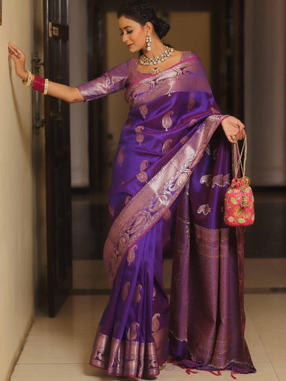 Vijayalakshmi - Purple Kanjivaram Silk Saree with Gold Paisley Zari Border