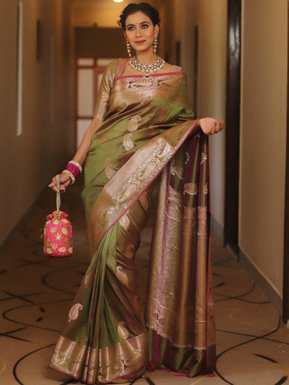 Vijayalakshmi - Green Kanjivaram Silk Saree with Gold Paisley Zari Border