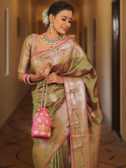 Vijayalakshmi - Green Kanjivaram Silk Saree with Gold Paisley Zari Border